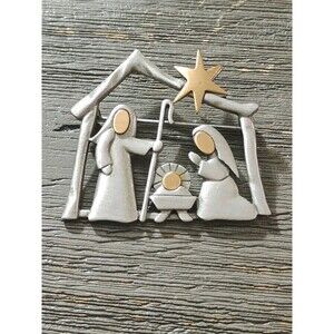 JJ Nativity Scene Jesus Mary Joseph Pewter Gold Tone Christmas Vintage Brooch